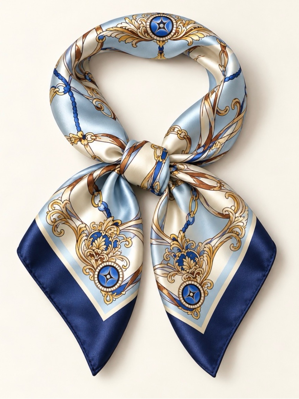 Silk-Effect Blue and Navy Scarf with Gold Accent